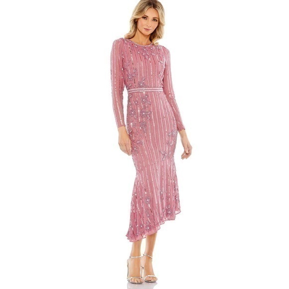 MAC DUGGAL Rosewood Long Sleeve Tea Length Dress - Picture 1 of 17